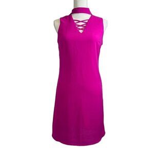 Madelynn Gauzy Sheath Dress Hot Pink Criss Cross V-neck Zipper back Size Small